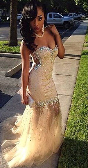 Sweetheart Champagne Prom Dresses Sequins Beads Strapless Tulle Evening Gowns BA7302