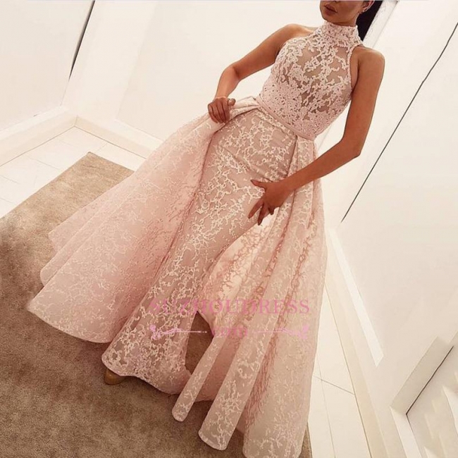 Popular Sheath  Evening Gown High Neck Sleeveless Illusion Puffy Lace Unique Overskirt Prom Dress BA6173