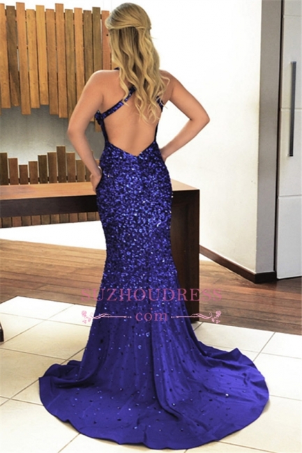 Royal Blue Open Back Evening Gown | Crystal Sleeveless Mermaid Prom Dresses with Keyhole