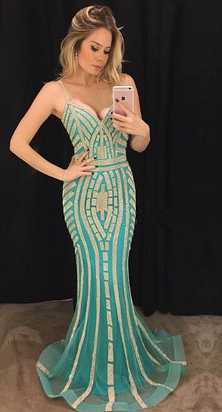New Arrival Mermaid Spaghetti Straps Prom Dresses Sequins Sweep Train Evening Gowns