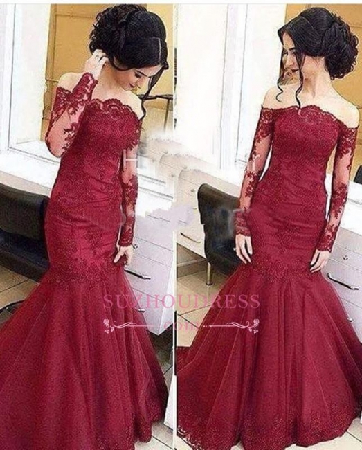 Tulle Mermaid Long-Sleeve Lace Off-The-Shoulder Burgundy Amazing Prom Dresses