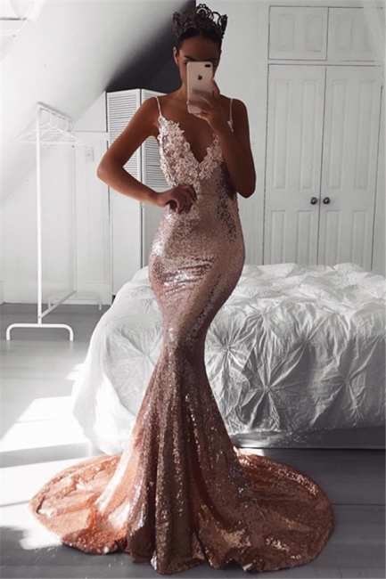 Sexy Pink Sequined Mermaid Evening Dresses |  Backless Spaghetti Straps Party Dress