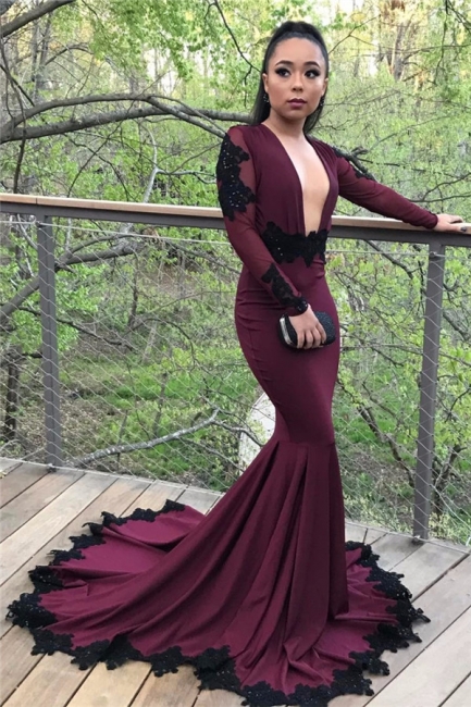 Sexy Mermaid Long Sleeves Prom Dresses  Appliques Open Back Evening Dresses with Beadings SK0041
