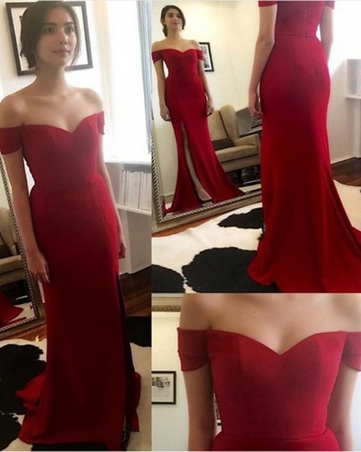 Red Off The Shoulder Prom Dresses   Evening Dress for Bridesmaid with Split BA3543