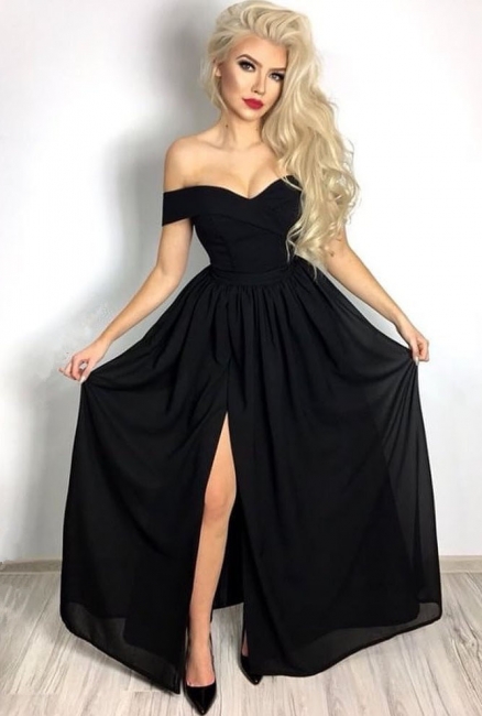 Simple Sexy Black Formal Dresses  | Off The Shoulder Front Slit Evening Dresses