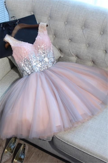 Glamorous V-Neck Tulle Sequins Homecoming Dresses  Sleeveless Lace-up Hoco Dresses