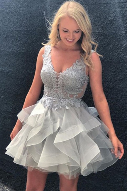 Silver A-line Short Homecoming Dresses | Sleeveless Open Back Lace Hoco Dress