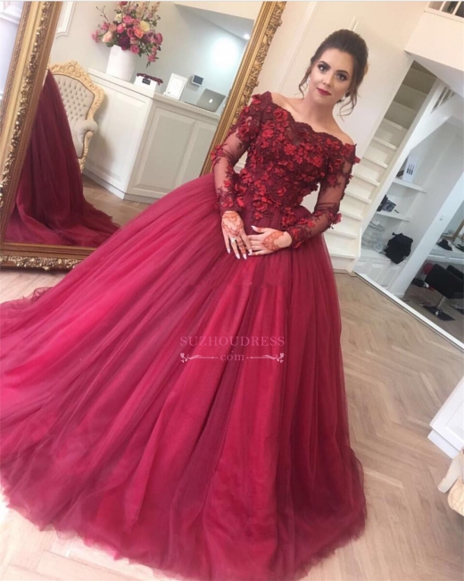 Burgundy Off-The-Shoulder Applique Evening Dresses  Long-Sleeves Tulle Ball Gown Prom Dresses BA7967