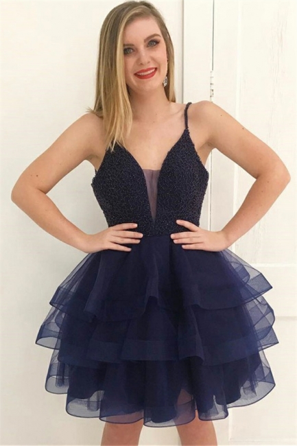 Dark Navy Short Spaghetti Straps Homecoming Dresses | Sleeveless Crystal Hoco Dresses