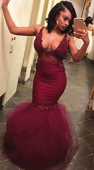 Sexy Straps Burgundy Prom Dresses  | Appliques Puffy Tulle See Through Evening Gown