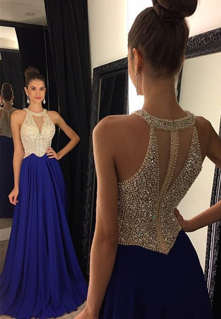 Latest A-Line Beading Blue Prom Dress Crystal Natural Chiffon Formal Occasion Dresses GA038