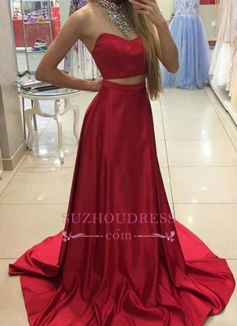 Long Sleeveless Red Two Piece Prom Dresses  Crystals High Neck Evening Gowns