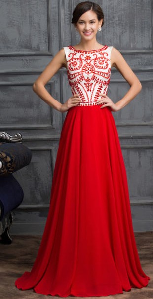 Elegant Red Chiffon Prom Dresses Long Evening Gowns with Beadings