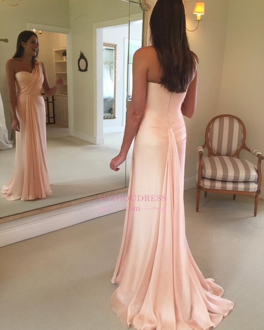 Pink Sleeveless One-Shoulder Prom Dress | Ruffles Sheath Evening Dresses