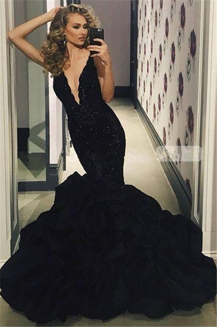Sexy V-neck Beads Black Prom Dress | Mermaid Ruffles Sleeveless Evening Gown FB0309