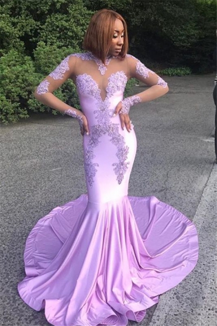 Sexy Long Sleeves Mermaid Prom Dresses  High Neck Appliques Evening Gowns