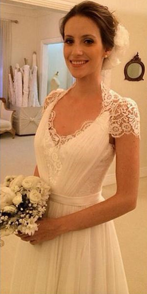 A-Line White Short Sleeve Long Wedding Dress Latest Chiffon Long Plus Size Bridal Gown