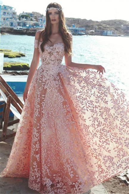 Elegant A-Line Off the Shoulder Evening Dresses  | Lace Crystal Long Formal Dresses