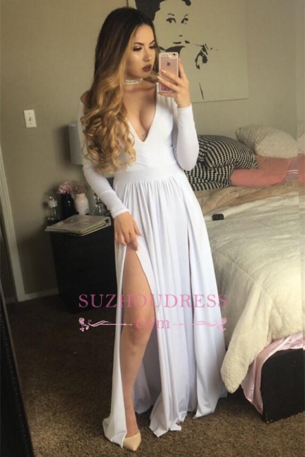 Modest Long Long-Sleeve V-neck A-line White Front-Split Prom Dress SP0154