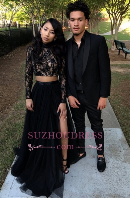 Two Piece Long Sleeve Evening Gown  Black Sexy Slit Lace Prom Dress SP0349