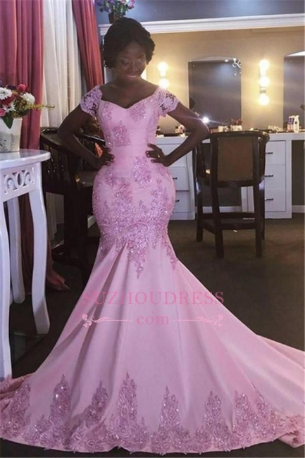 Mermaid Appliques Short-Sleeves Newest Pink V-Neck Prom Dress