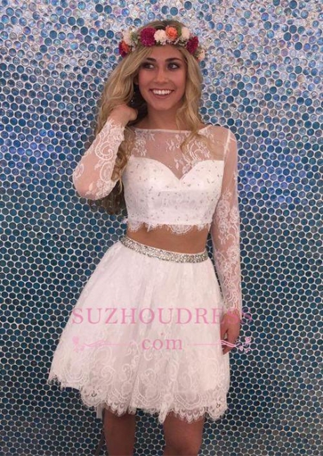 Long Sleeves Lace Short Lovely Party Dress Two Pieces Beadings  Homecoming Dress