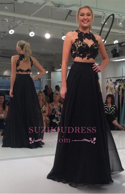 Black Two-Piece Sexy A-line Lace-Appliques Sleeveless Prom Dress