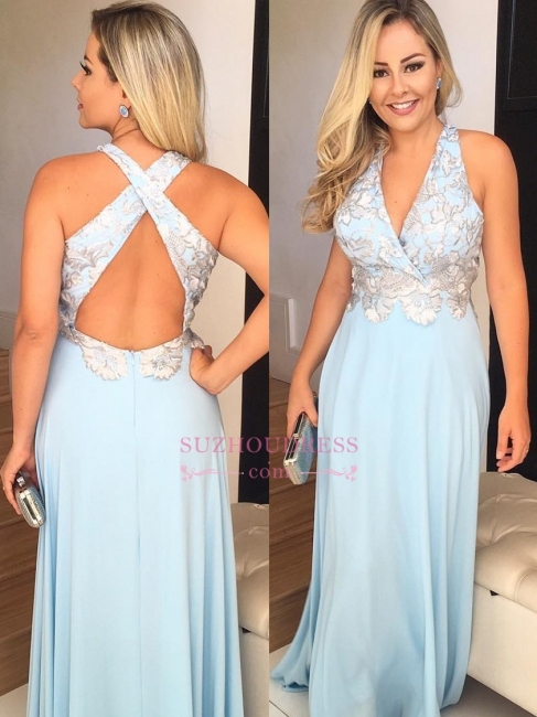 V-Neck Prom Dresses | Sleeveless Appliques Criss-Cross Evening Gowns