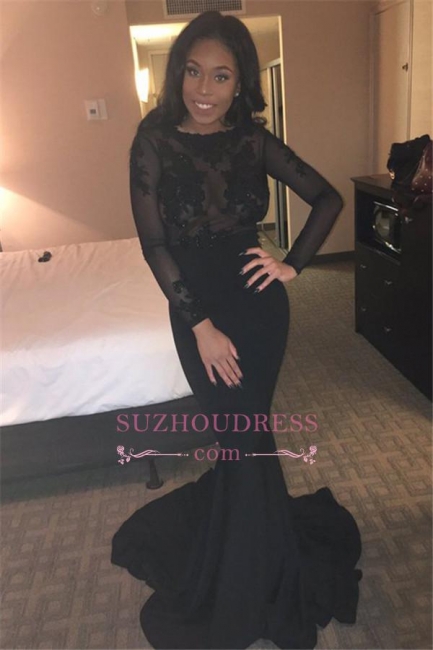 Sheer Lace Backless Black Prom Dress  Sexy Long Sleeves Mermaid Evening Gown