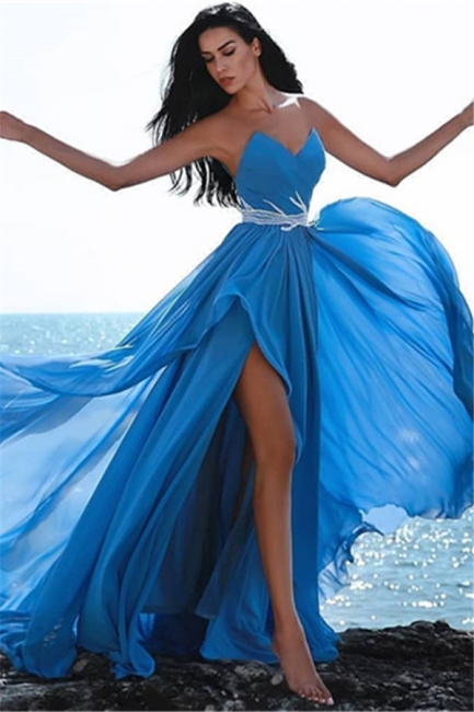 Simple Blue Sweetheart Evening Dresses |  Crystal Side Slit  Prom Dress