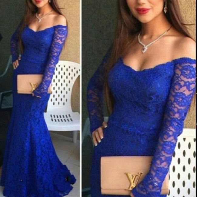 Mermaid Long Sleeve Royal Blue  Evening Dress Lace Off the Shoulder Party Gown BO9295