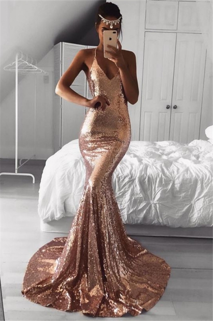 Sexy Sequined Mermaid Prom Dreses  | V-Neck Sleeveless Evening Dress