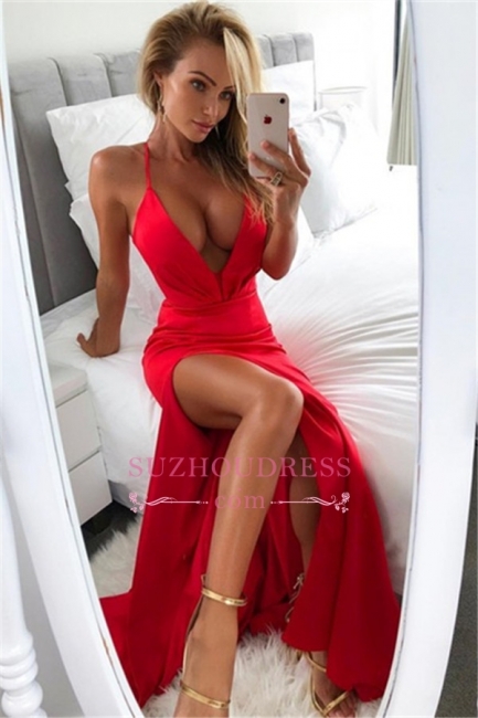 Sexy Red Side-Slit Prom Dresses | Simple V-Neck Sheath Evening Dresses