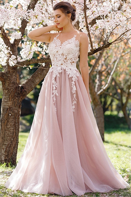 Lace Appliques Pink Tulle Formal Dress  Sleeveless Sheer Tulle Prom Dress
