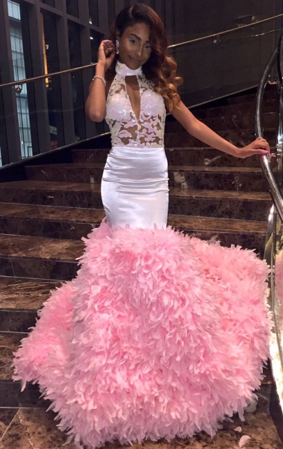 New Arrival Pink High Neck Mermaid Prom Dresses  Keyhole Applqiues Evening Dresses SK0129