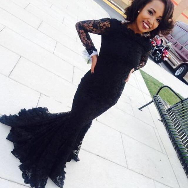 Sexy Mermaid Black Long Sleeve Evening Gown New Arrival Lace Formal Occasion Dresses AE0104