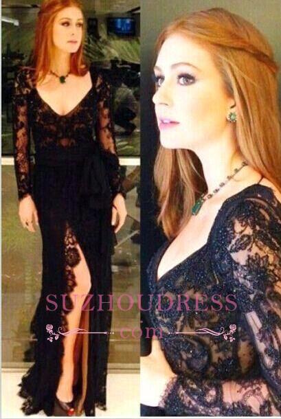 Amazing Side Slit Open Back Formal Dresses Long Sleeves Black Lace Evening Gowns