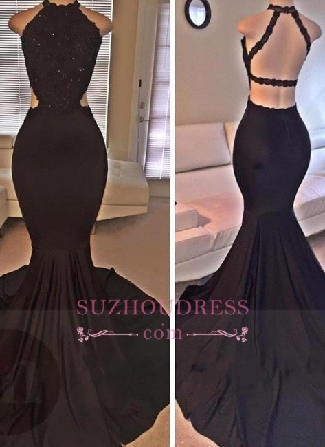 Sleeveless Backless Lace  Evening Gown Mermaid Black Long Prom Dresses BA2666