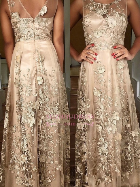 Long Lace Appliques Prom Dresses  | A-line Sleeveless Scoop Evening Gown