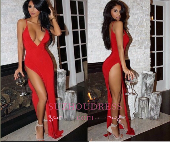 V-neck Red Sexy Long Evening Gowns Spaghetti Strap Split Prom Dress BA3905