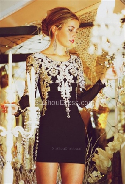 Black Prom Dresses  Jewel Long Sleeve Appliques Sheath Satin Fall Short  Evening Gowns