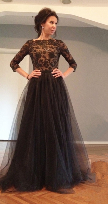Black 3/4 Sleeve Floor Length Evening Dress Latest Lace Open Back Formal Occasion Dresses TB0121