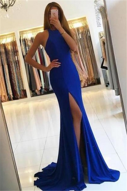 Simple Royal-Blue Mermaid Prom Dresses  Side Slit Halter Evening Gowns SK0016