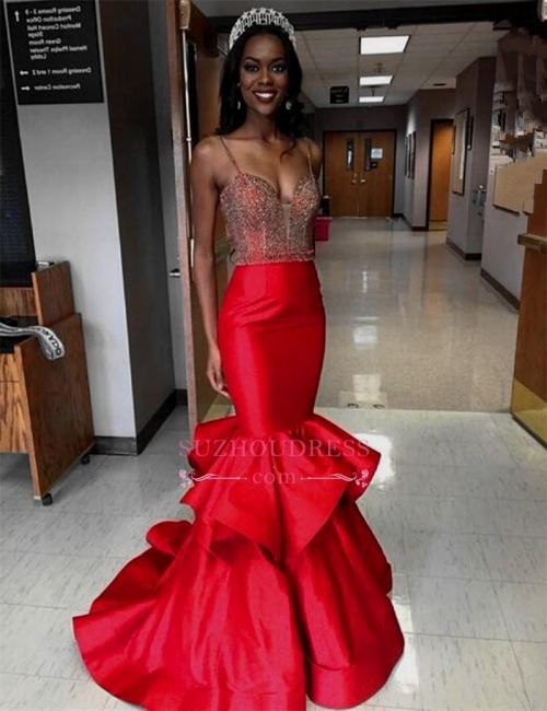 Mermaid Red Crystal Spaghetti Straps Sleeveless Evening Gowns Tiered Sexy Prom Dress