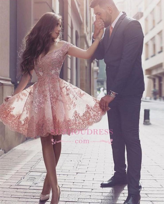 Tulle Short-Sleeves A-line Appliques Glamorous Mini Homecoming Dress