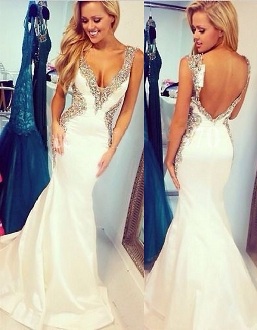 White  Straps Prom Dresses Sleeveless Mermaid Crystal Sexy Satin Evening Gowns