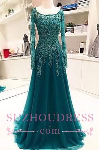 A-Line Long-Sleeves Lace Appliques  Scoop Beaded Blue Evening Dress