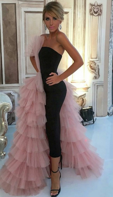 Black Straight Bodycon Evening Dress Overskirt Pink Tulle Tiered Ruffles Formal Dress  BA7249