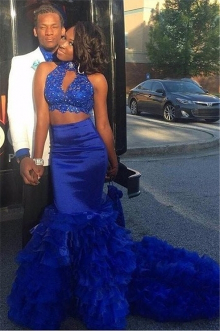 Royal Blue Two Pieces Mermaid Prom Dresses  High Neck Tiered Sleeveless Evening Dresses with Beadings SK0131