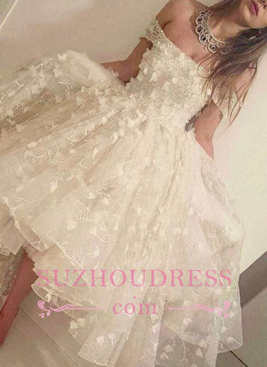 Romantic Off The Shoulder Wedding Dresses  3D Floral Appliques Hi-Lo Prom Dresses BA5588